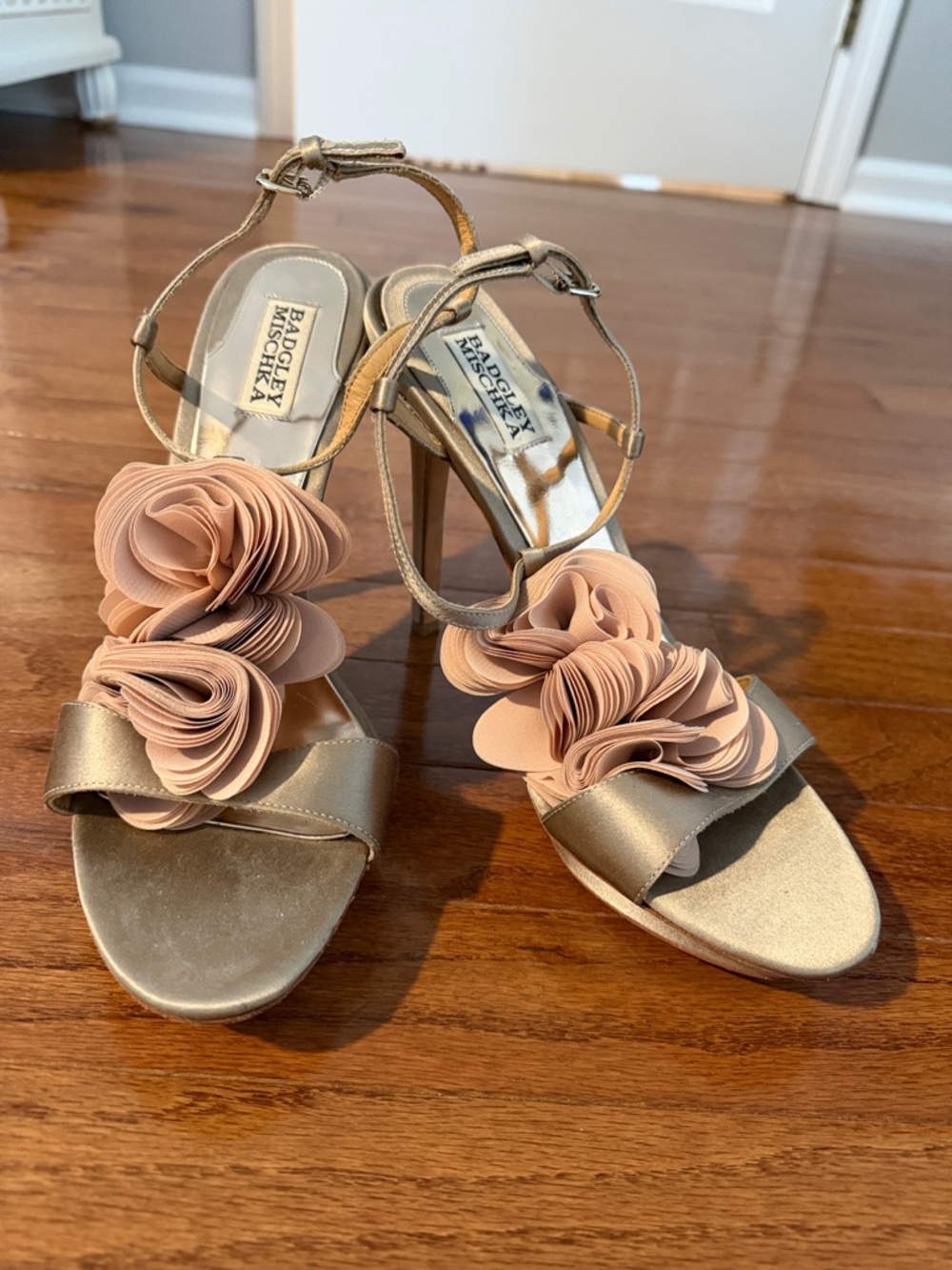 Badgley Mischka Gold Heels with Blush Rosette Accents